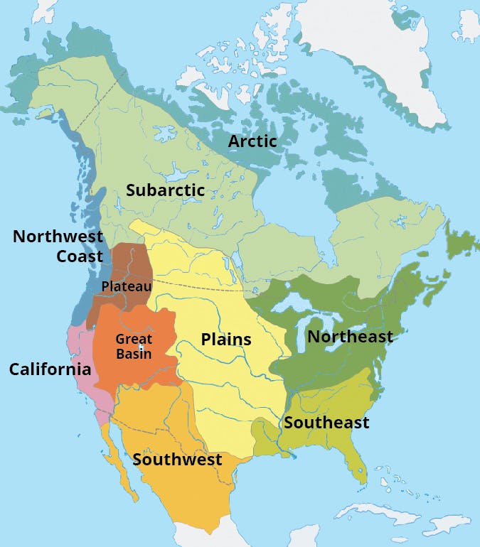 A map shows the following sections of North America: Arctic, Subarctic, Northwest Coast, California, Plateau, Great Basin, Southwest, Plains, Northeast, Southeast.