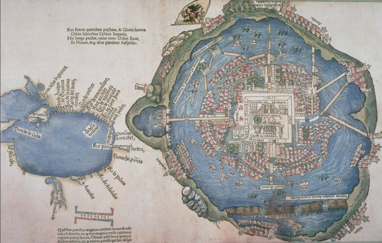 A map shows the city of Tenochtitlán. The rendering depicts waterways, sophisticated buildings, ships, and flags. Numerous causeways connect the central city to the surrounding land.
