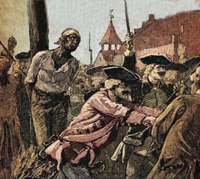 An image shows a slave tied to a post with settlers surrounding him.