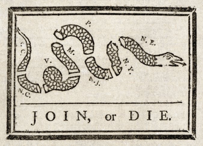 A political cartoon of a cut-up snake is shown. Each part is labeled with a letter representing the colonies.