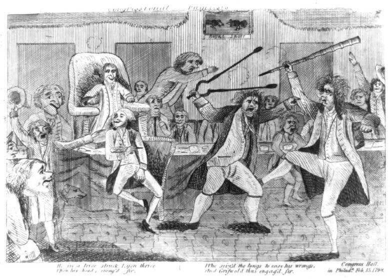 A cartoon depicting a fight between two people, while surrounding people watch.
