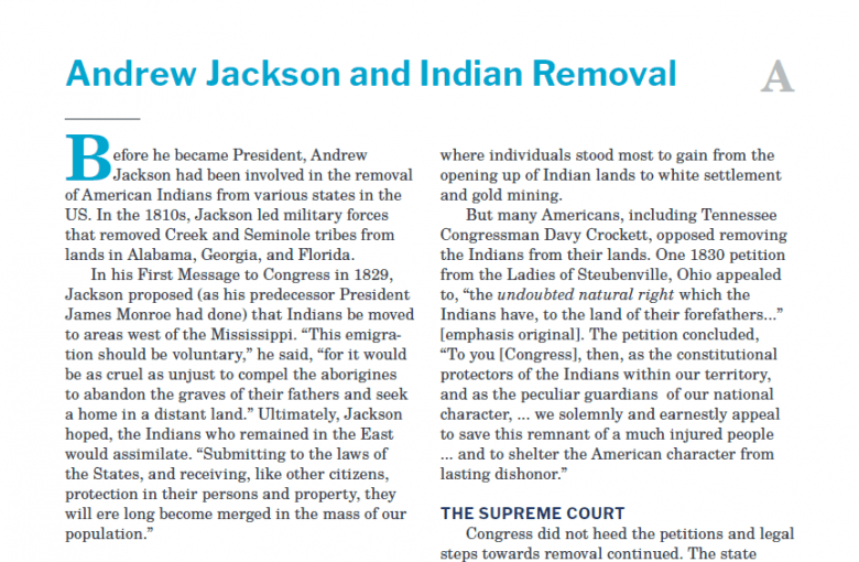 Presidents and the Constitution Handout A Andrew Jackson and Indian Removal