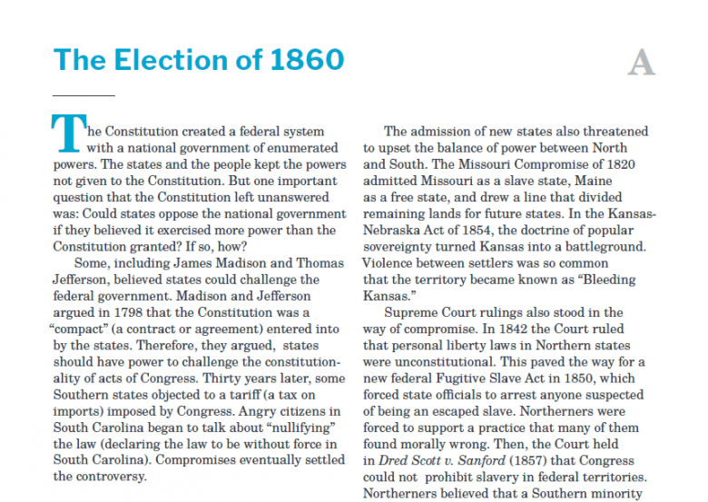 Presidents and the Constitution Handout A The Election of 1860