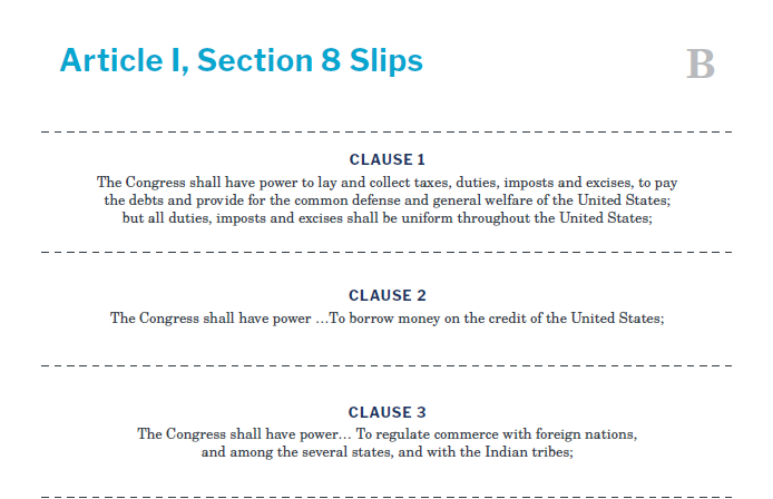 Presidents and the Constitution Handout B Article I Section 8 Slips